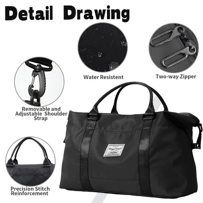 37L Waterproof Duffle Bag for Women, Tear-Resistant Gym Travel Bag with Adjustable Shoulder Strap & Trolley Sleeve, Airline Approved Carry-On Weekender Bag with Wet/Dry Pocket, Black