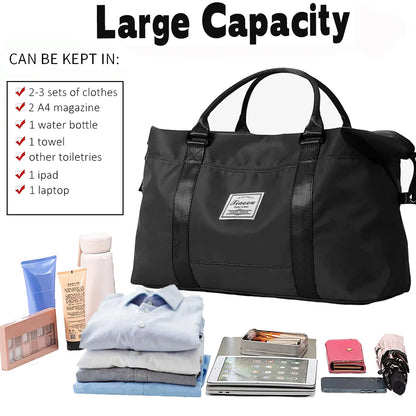 37L Waterproof Duffle Bag for Women, Tear-Resistant Gym Travel Bag with Adjustable Shoulder Strap & Trolley Sleeve, Airline Approved Carry-On Weekender Bag with Wet/Dry Pocket, Black