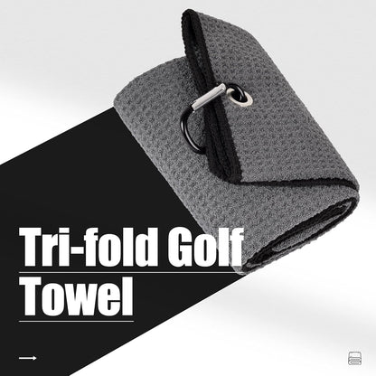 Tri-Fold Golf Towel | 16" X 24" | Premium Microfiber Fabric | Waffle Pattern | with Heavy Duty Carabiner Clip | for Men and Women (Dark Gray)